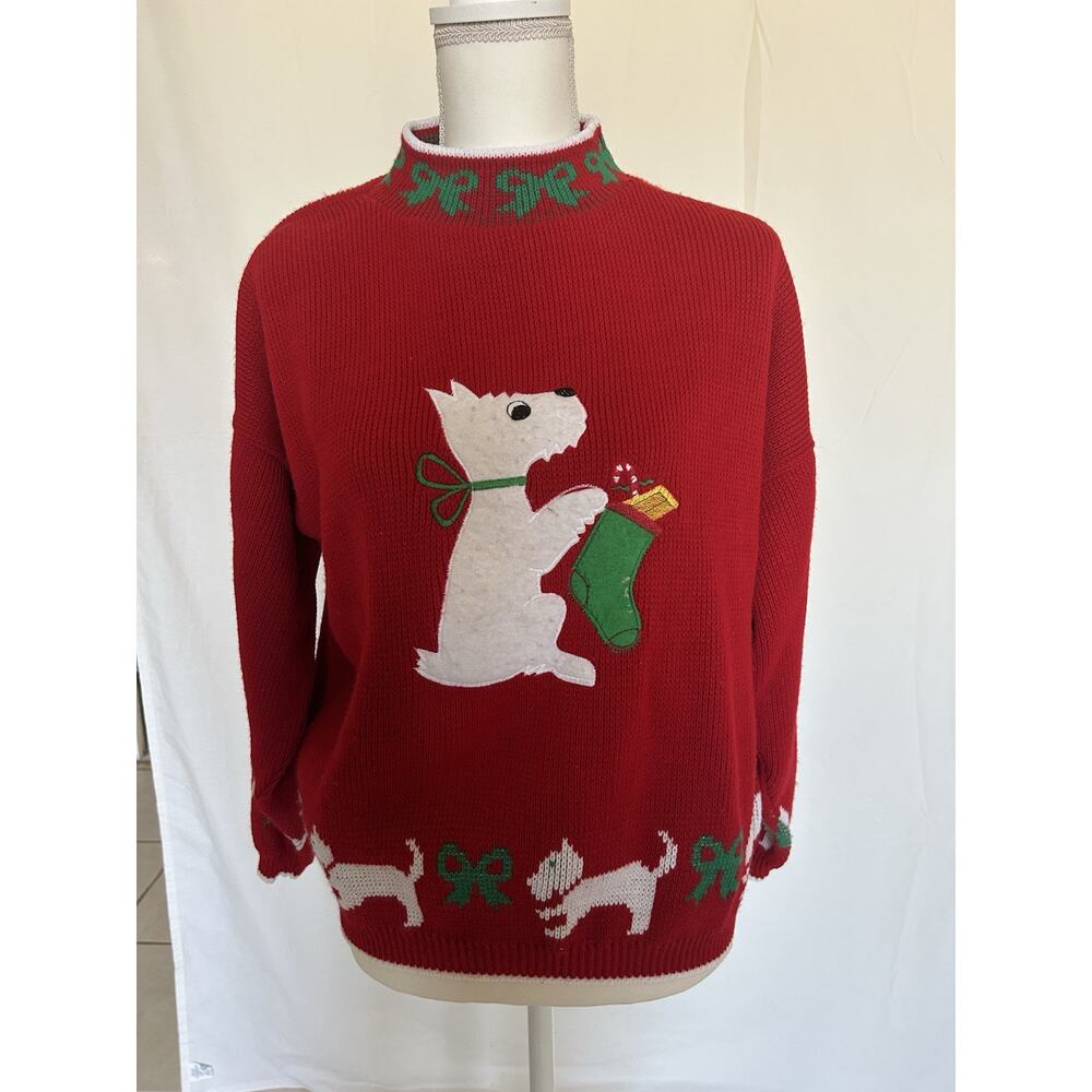 Ugly Christmas Sweater Scottie Dog Sz‎ L Red Chunky Fishserman Holiday